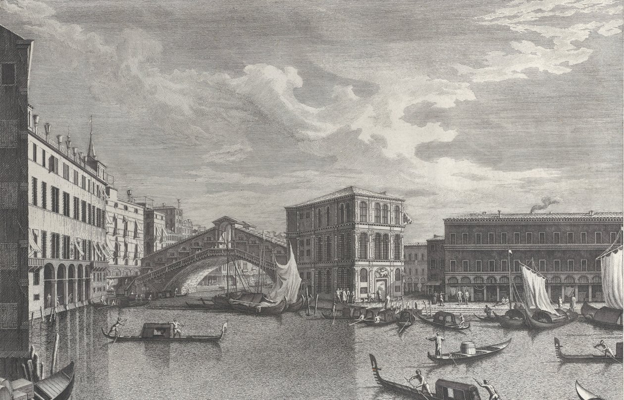 Rialto Köprüsü, Venedik, suda tekneler ve gondollar, 1763. by Giovanni Battista Brostoloni