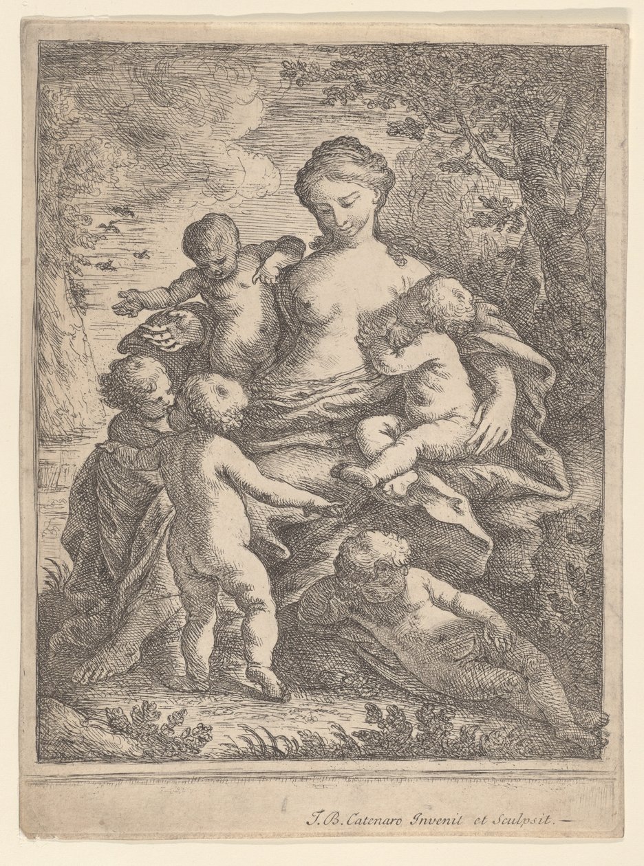 Beş çıplak çocukla çevrili bir manzarada oturan Charity, 1692-1727. by Giovanni Battista Catenaro