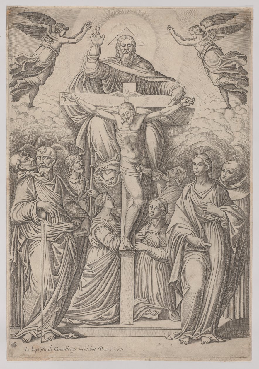 Üçlü Birlik, merkezde çarmıha gerilmiş ve iki yanında azizler, 1586. by Giovanni Battista Cavalieri