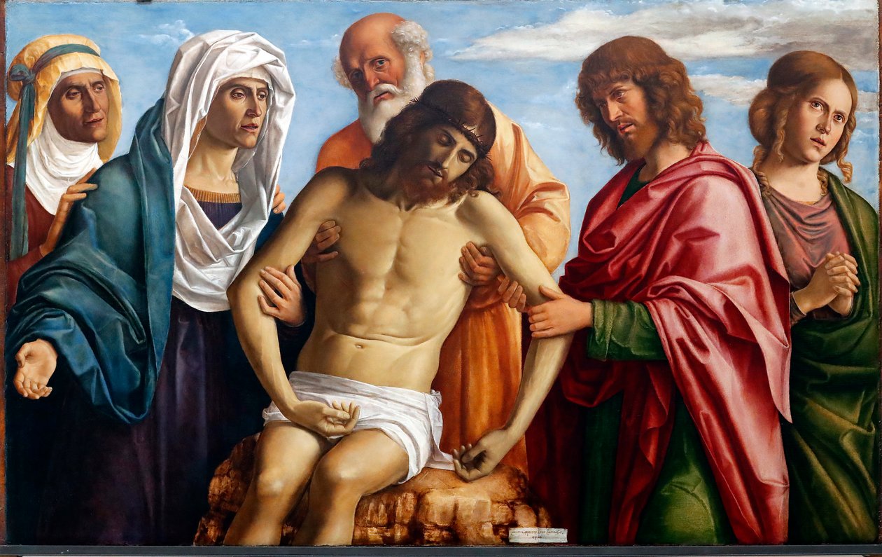 Meryem Ana, Nikodim, Evangelist Aziz John ve İki Meryem tarafından desteklenen Ölü İsa (resim) by Giovanni Battista Cima da Conegliano