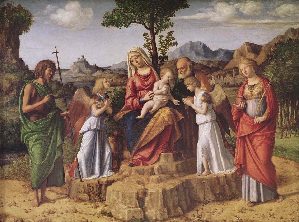 Holy Conversation (The Holy Family surrounded by angels, Saint Lucy and Saint John the Baptiste), stopping before the flight to Egypt, c.1490  by Giovanni Battista Cima da Conegliano