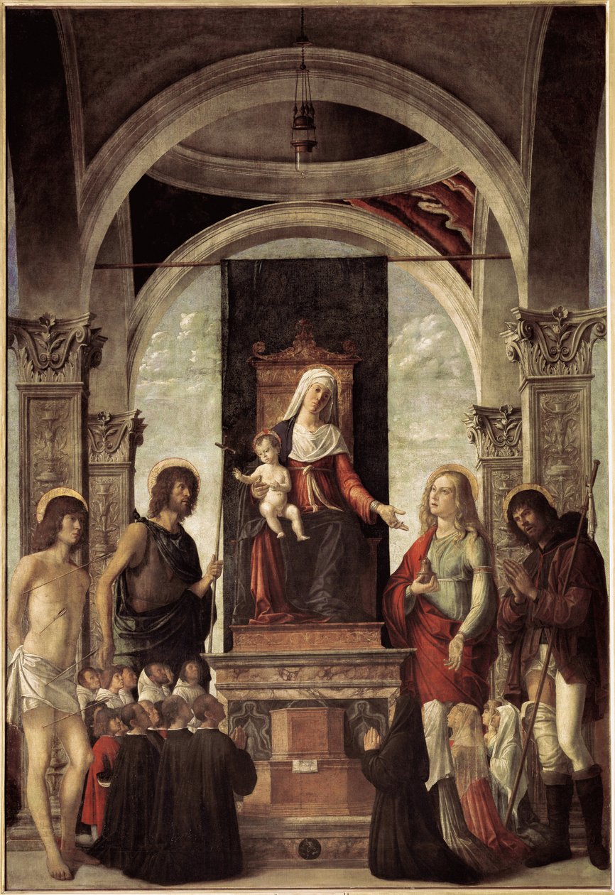 Kutsal konuşma, bakire ve çocuğu Vaftizci Yahya, Aziz Sebastian, Aziz Roch, Aziz Mary Magdalene (tuval üzerine yağlı boya, c.1487-1488) ile çevrili by Giovanni Battista Cima da Conegliano