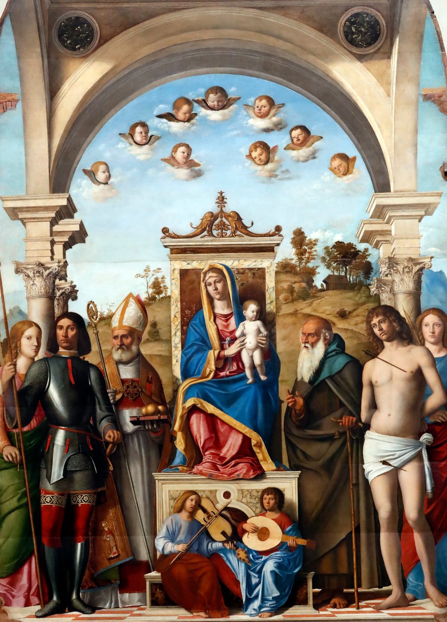 Madonna ve Çocuk Aziz Catherine, George, Nicholas, Anthony Abbot, Sebastian ve Lucy ile Enthroned by Giovanni Battista Cima da Conegliano