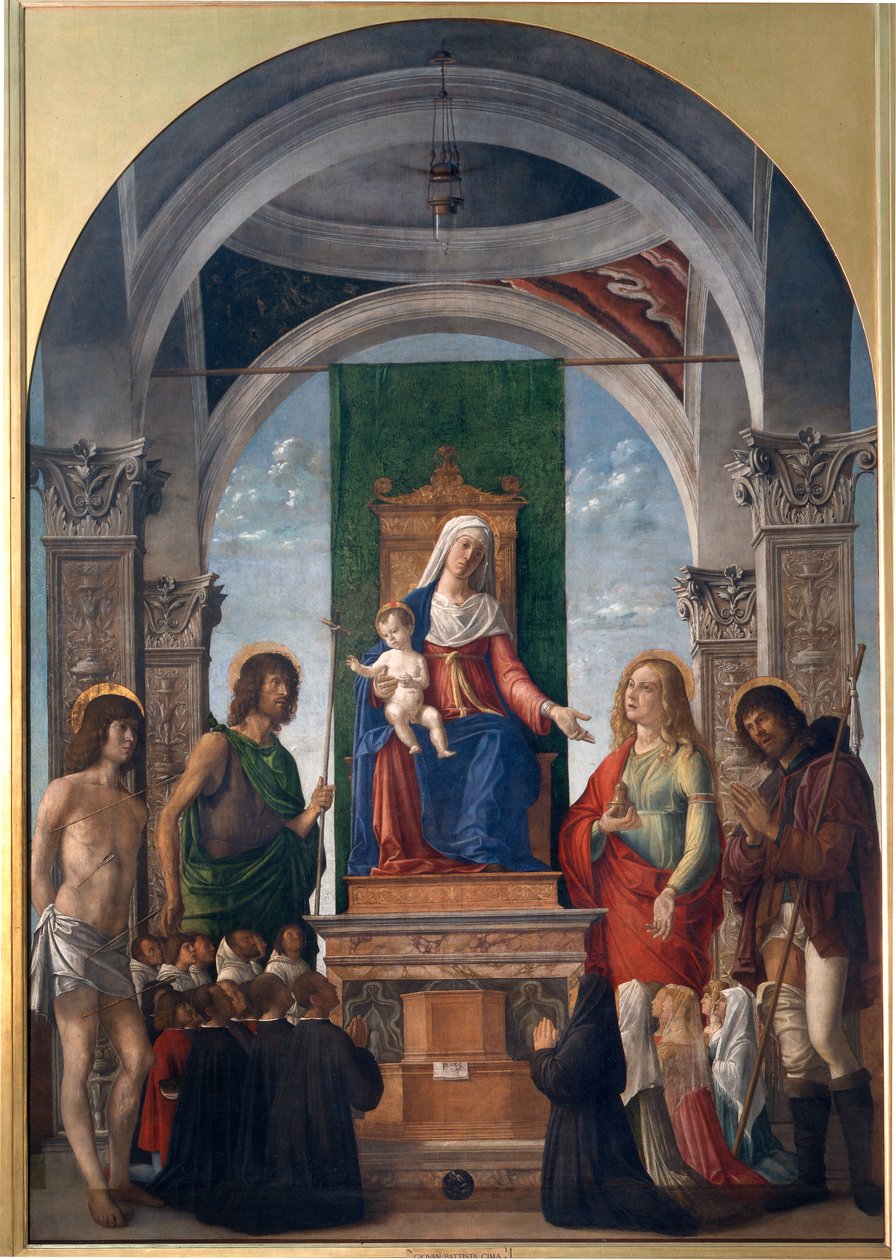 Madonna ve Çocuk, St. Sebastian, St. John the Baptist, St. Mary Magdalene, St. Roch ve San Giovanni Evangelista Cemaati Üyeleri ile Enthroned by Giovanni Battista Cima da Conegliano