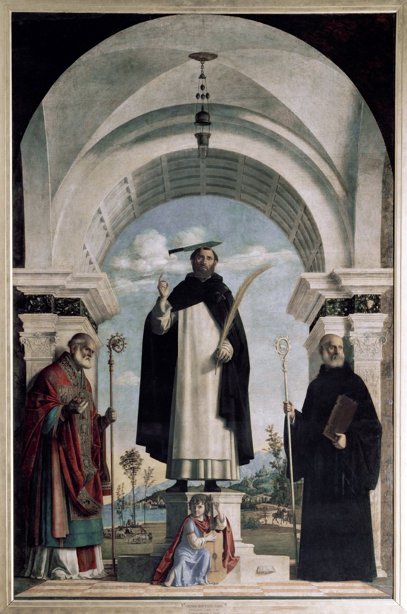Aziz Nicholas ve Aziz Benedict ile Verona Aziz Peter (panelde yağ by Giovanni Battista Cima da Conegliano