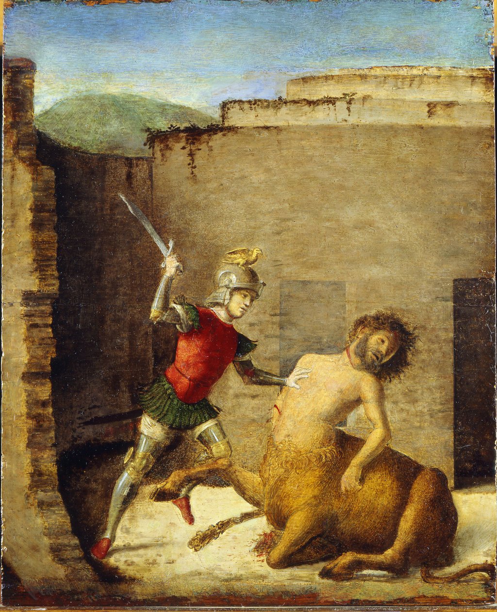 Bu terrassant le Minotaure (centaure) - Theseus Slaying Minotaur - Cima da Conegliano, Giovanni Battista (yaklaşık 1459-1517) - 1505 - Ahşap üzerine yağlı boya - 87.4x73.5 - Museo Poldi Pezzoli, Milano by Giovanni Battista Cima da Conegliano