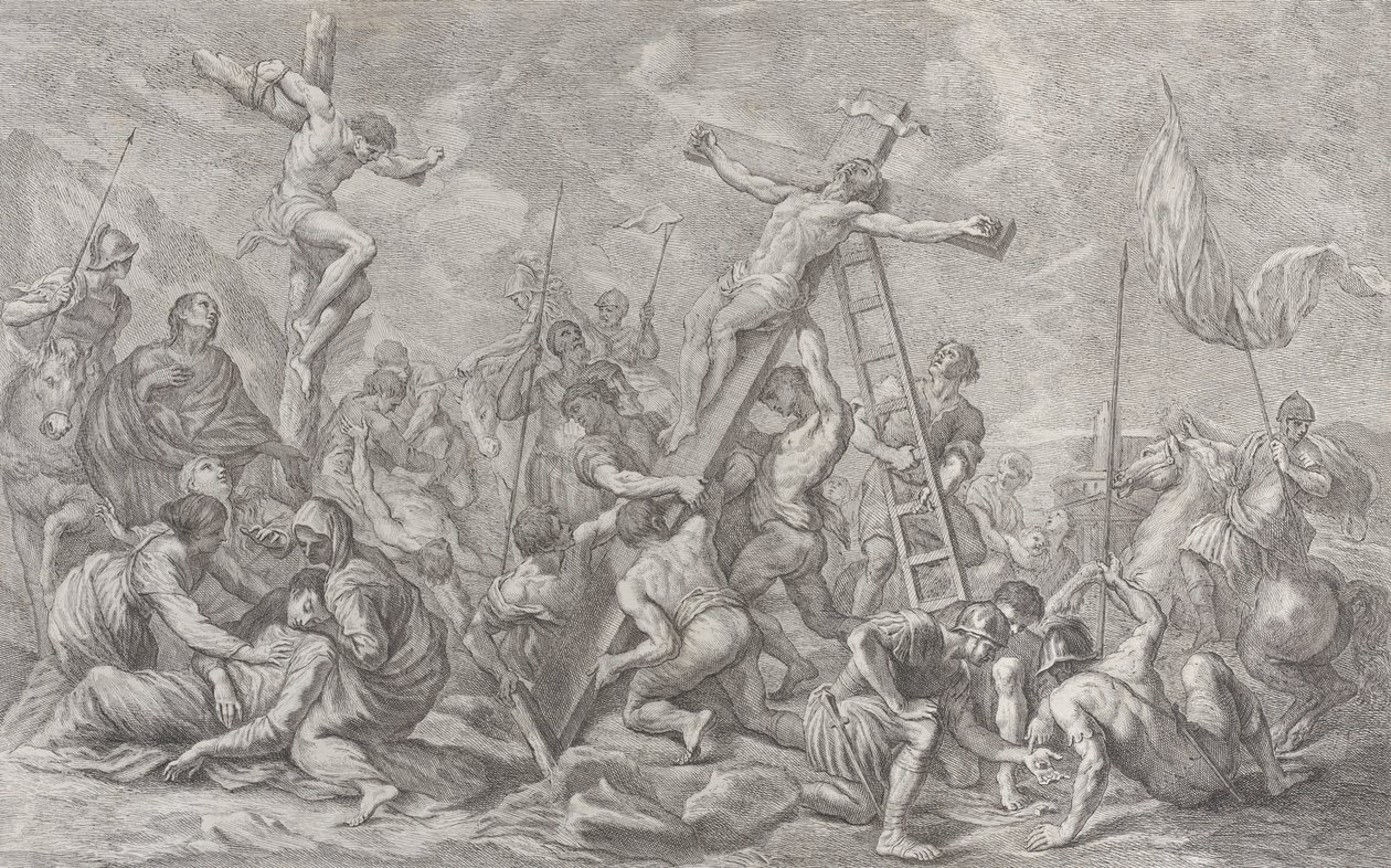 Çarmıha Gerilme, merkezde haçın indirilmesi, baştan sona askerler ve bir hırsız..., 1762. by Giovanni Battista Cipriani