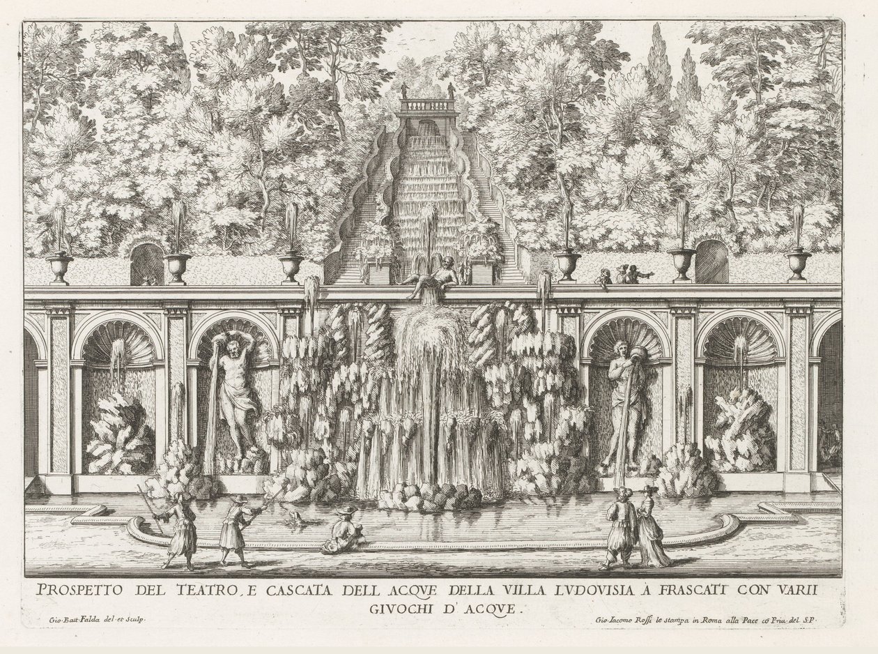 Cascade en Teatro delle Acque in de tuinen van de Villa Torlonia te Frascati Villa Ludovisia tiyatrosu ve şelalesinin prospektüsü (...) (nesne üzerindeki başlık) Frascati villalarının çeşmeleri (dizi başlığı) Fonteinen van Frascati (dizi adı) by Giovanni Battista Falda