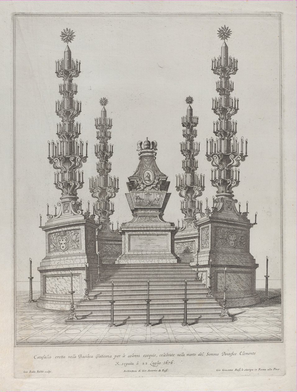 Papa Clement X için Katafalk: 15 basamaklı bir platform üzerinde yükseltilmiş merkezi bir yapı, c..., 1676. by Giovanni Battista Falda