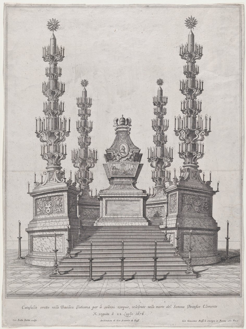 Papa Clement X için Katafalque, on beş basamaklı bir platformun tepesindeki merkezi yapı, wi..., 1676. by Giovanni Battista Falda