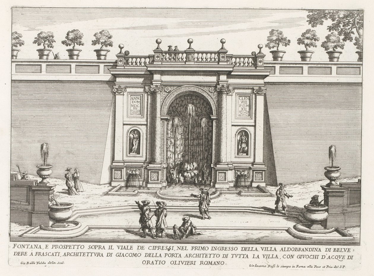 Fontein in de tuinen van de Villa Aldobrandini te Frascati Çeşmesi ve selvi caddesinin üzerindeki yükseklik (...) (nesne üzerindeki başlık) Frascati villalarının çeşmeleri (dizi başlığı) Fonteinen van Frascati (dizi başlığı) by Giovanni Battista Falda