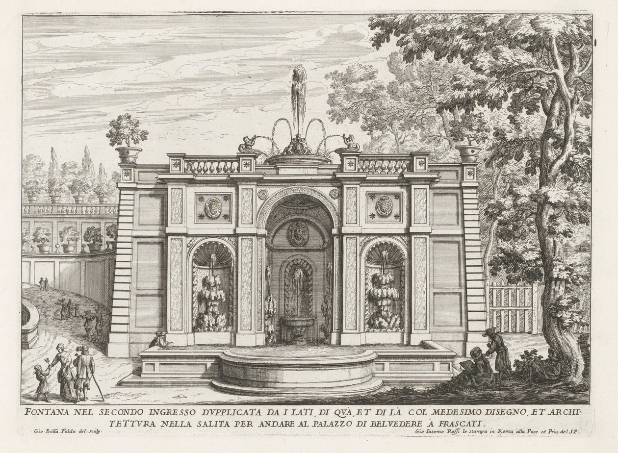 Fontein in de tuinen van de Villa Aldobrandini te Frascati İkinci girişteki çeşme kenarlardan ikiye katlanmıştır (...) (nesne üzerindeki başlık) Frascati villalarının çeşmeleri (dizi başlığı) Fonteinen van Frascati (dizi adı) by Giovanni Battista Falda