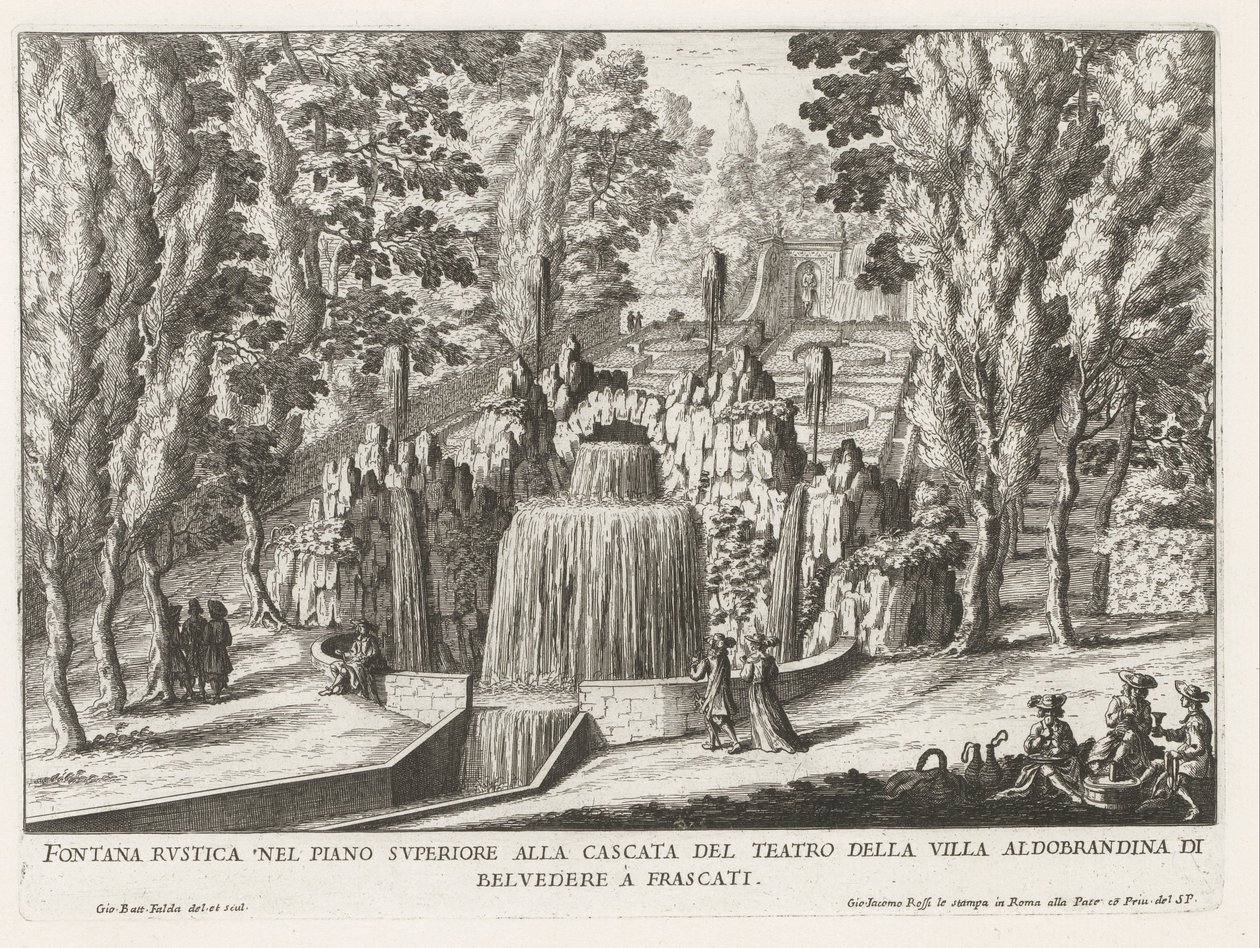 Fontein in de tuinen van de Villa Aldobrandini te Frascati Tiyatronun şelalesindeki üst kattaki rustik çeşme (...) (nesne üzerindeki başlık) Frascati villalarının çeşmeleri (dizi başlığı) Fonteinen van Frascati (dizi adı) by Giovanni Battista Falda