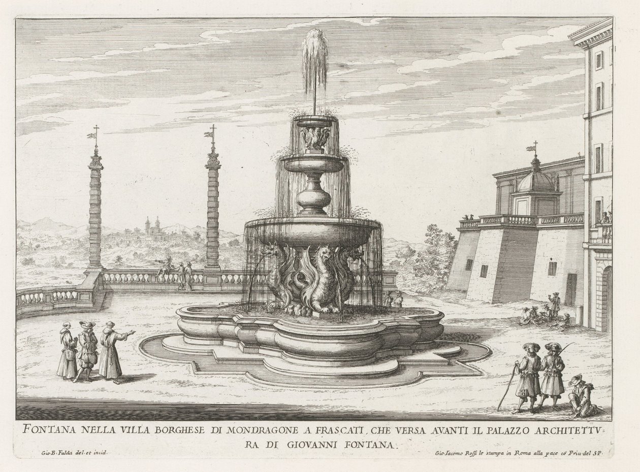 Fontein in de tuinen van de Villa Mondragone te Frascati Çeşmesi, Frascati'deki Borghese di Mondragone Villasında (...) (nesne üzerindeki başlık) Frascati villalarının çeşmeleri (seri başlığı) Fonteinen van Frascati (dizi başlığı) by Giovanni Battista Falda