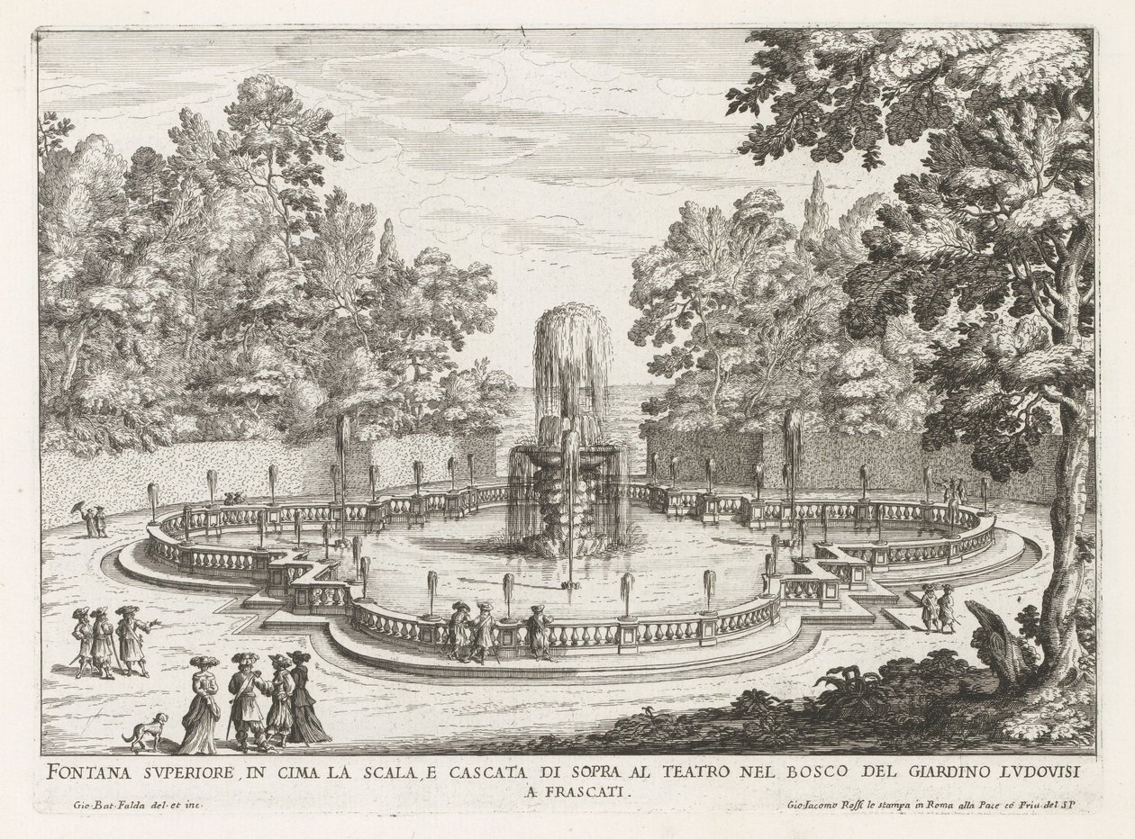 Fontein in de tuinen van de Villa Torlonia te Frascati Merdivenin tepesindeki üst çeşme ve tiyatronun üzerindeki şelale (...) (nesne üzerindeki başlık) Frascati villalarının çeşmeleri (dizi başlığı) Fonteinen van Frascati (dizi adı) by Giovanni Battista Falda