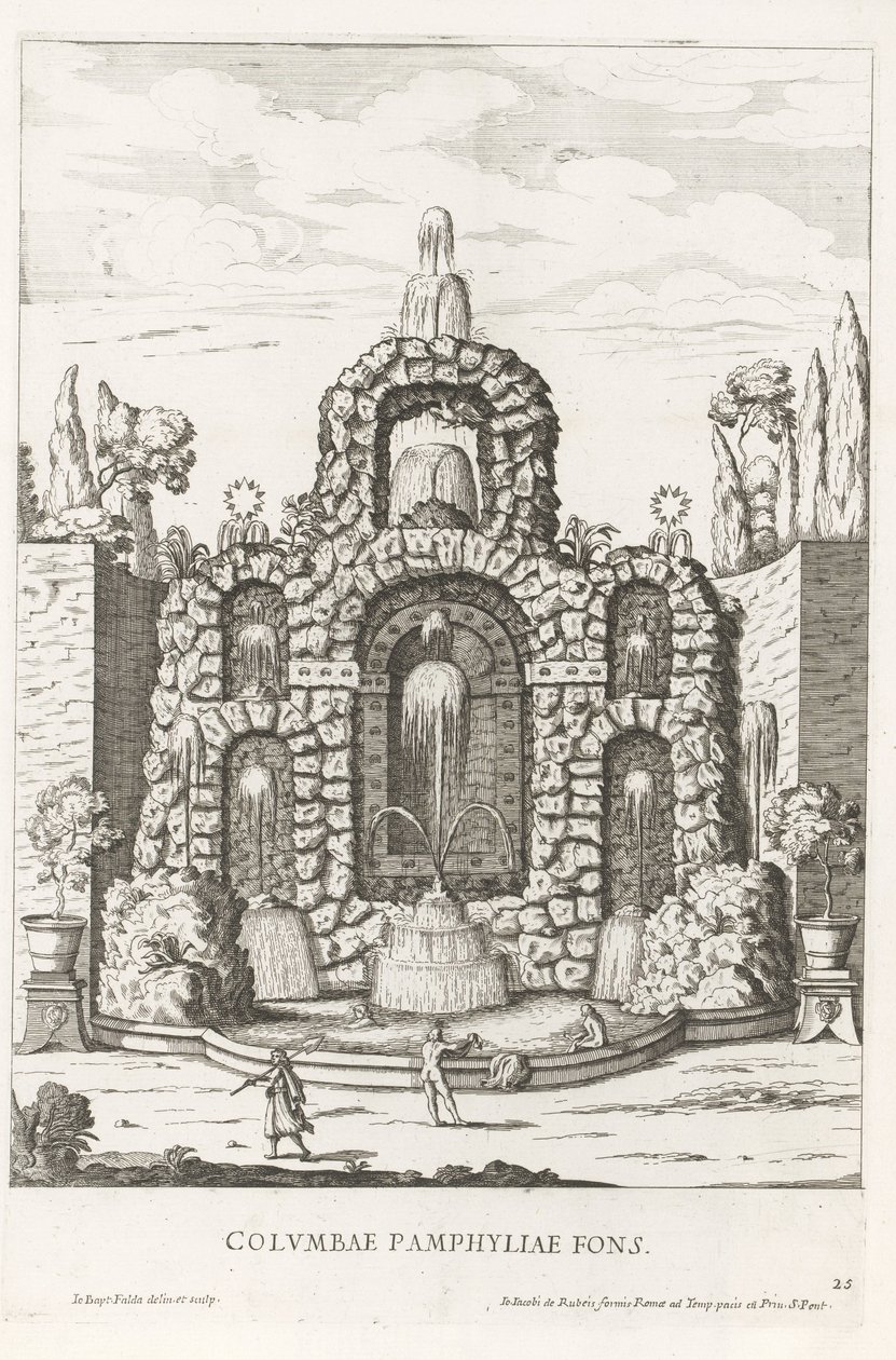 Roma'daki Villa Doria Pamphilj bahçelerinde güvercinli çeşme Columbae Pamphyliae fons (nesne üzerindeki başlık) Le fontane ne palazzi e ne giardini di Roma (dizi başlığı) Roma saray ve bahçelerindeki çeşmeler (dizi başlığı) by Giovanni Battista Falda