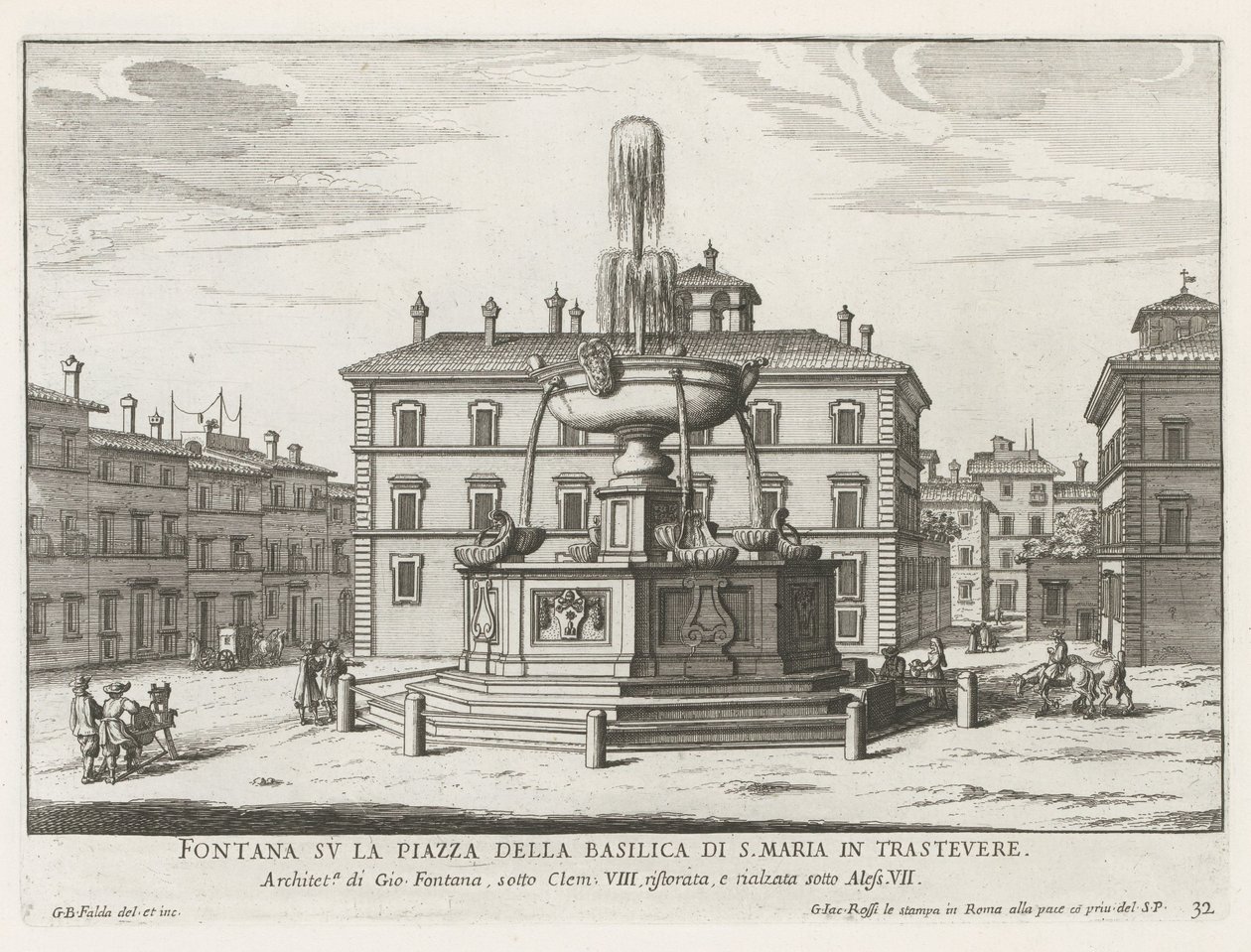 Fontein op Piazza Santa Maria Trastevere'deki S. Maria Bazilikası meydanındaki Trastevere Çeşmesi (nesne üzerindeki başlık) Roma Çeşmeleri (dizi başlığı) Fonteinen van Rome (dizi başlığı) by Giovanni Battista Falda