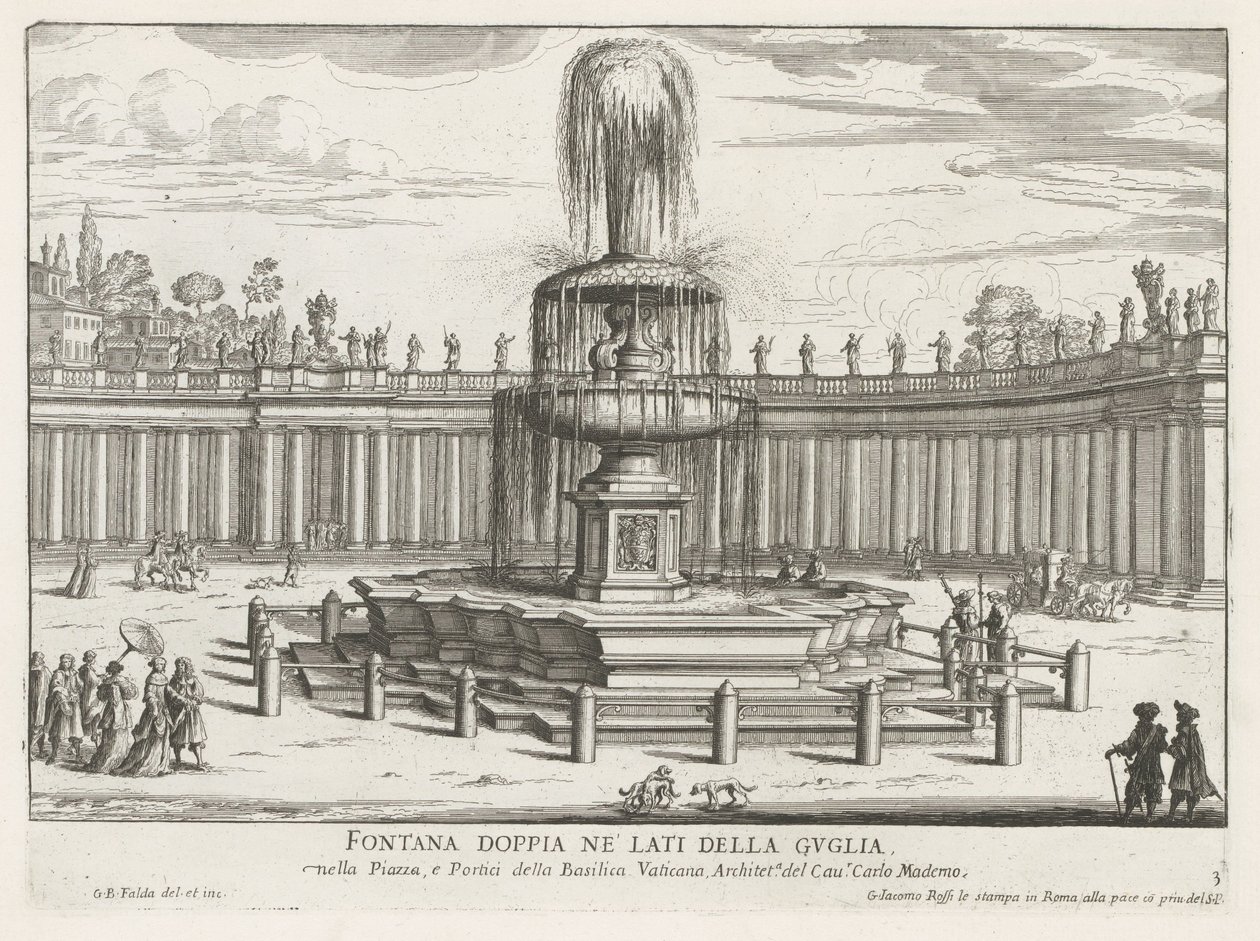 Vatikan'daki Aziz Petrus Meydanı'ndaki Çeşme Fontana doppia ne' lati della Guglia (nesne üzerindeki başlık) Fontane di Roma (dizi başlığı) Roma Çeşmeleri (dizi başlığı) by Giovanni Battista Falda