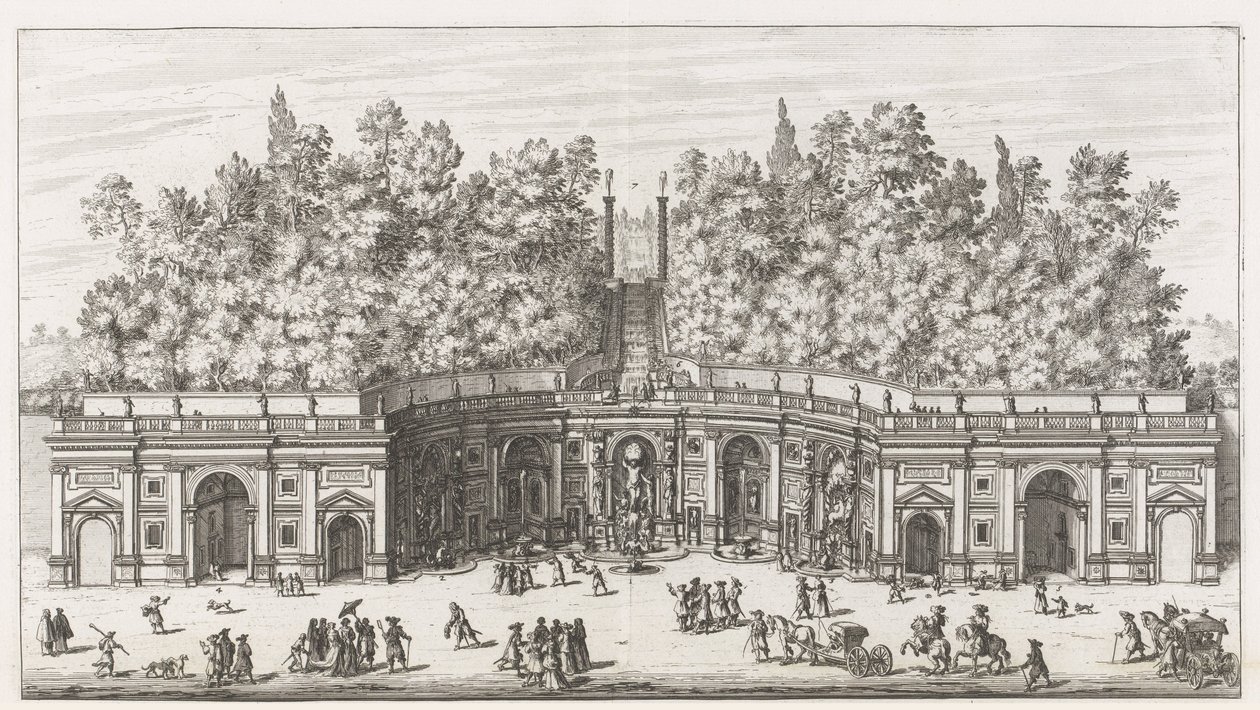 Teatro delle Acque in de tuinen van de Villa Aldobrandini te Frascati Villa Aldobrandina'nın büyük Su Tiyatrosu'nun görünümü ve yüksekliği (...) (nesne üzerindeki başlık) Frascati villalarının çeşmeleri (dizi başlığı) Fonteinen van Frascati (dizi b by Giovanni Battista Falda