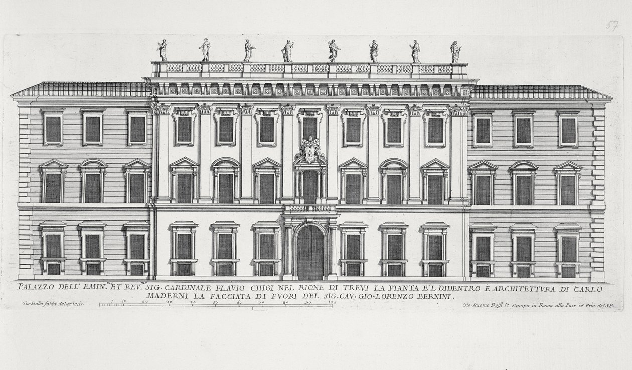 Matteo di Castello, Carlo Maderno (1556-1629) ve Giovanni Bernini (1598-1680) tarafından tasarlanan Palazzo Chigi, Roma cephesinin görünümü by Giovanni Battista Falda