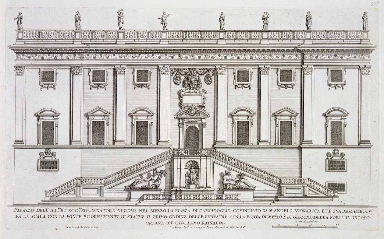 Michelangelo Buonarroti (1475-1564) tarafından başlatılan ve Girolamo Rainaldi (1570-1655) tarafından tamamlanan Piazza del Campidoglio, Roma