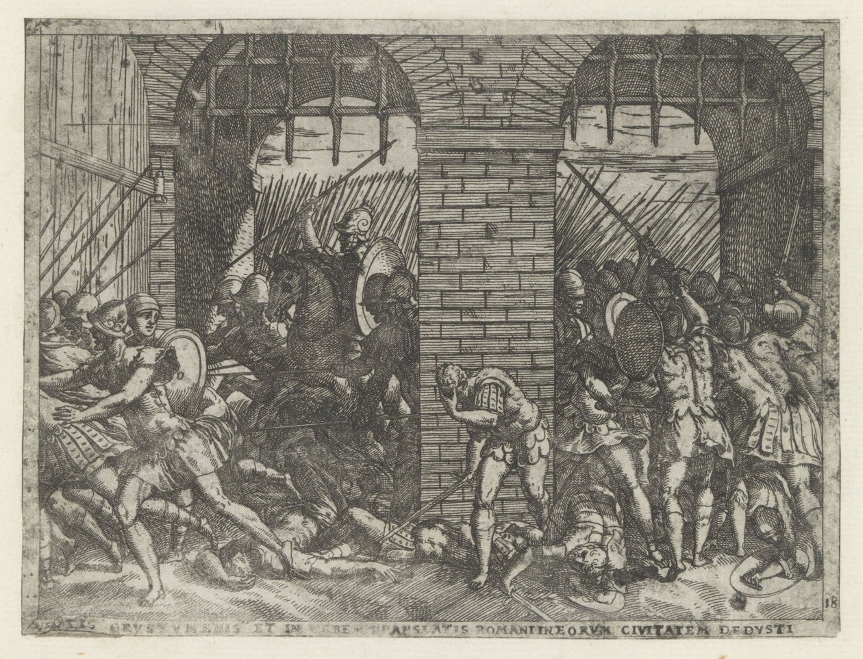 Romeinse soldaten vallen Crustumerium binnen Kaybeden Crustumeni (...) teslim oldun (nesne üzerine başlık) Leven van Romulus en Remus (dizi adı) by Giovanni Battista Fontana