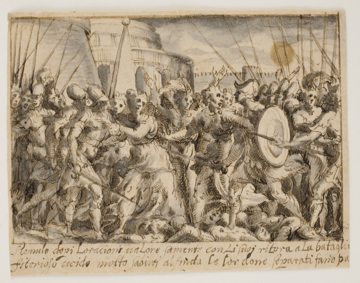 Romalılar ve Sabinler arasında barış görüşmeleri yapan Sabine kadınları by Giovanni Battista Fontana