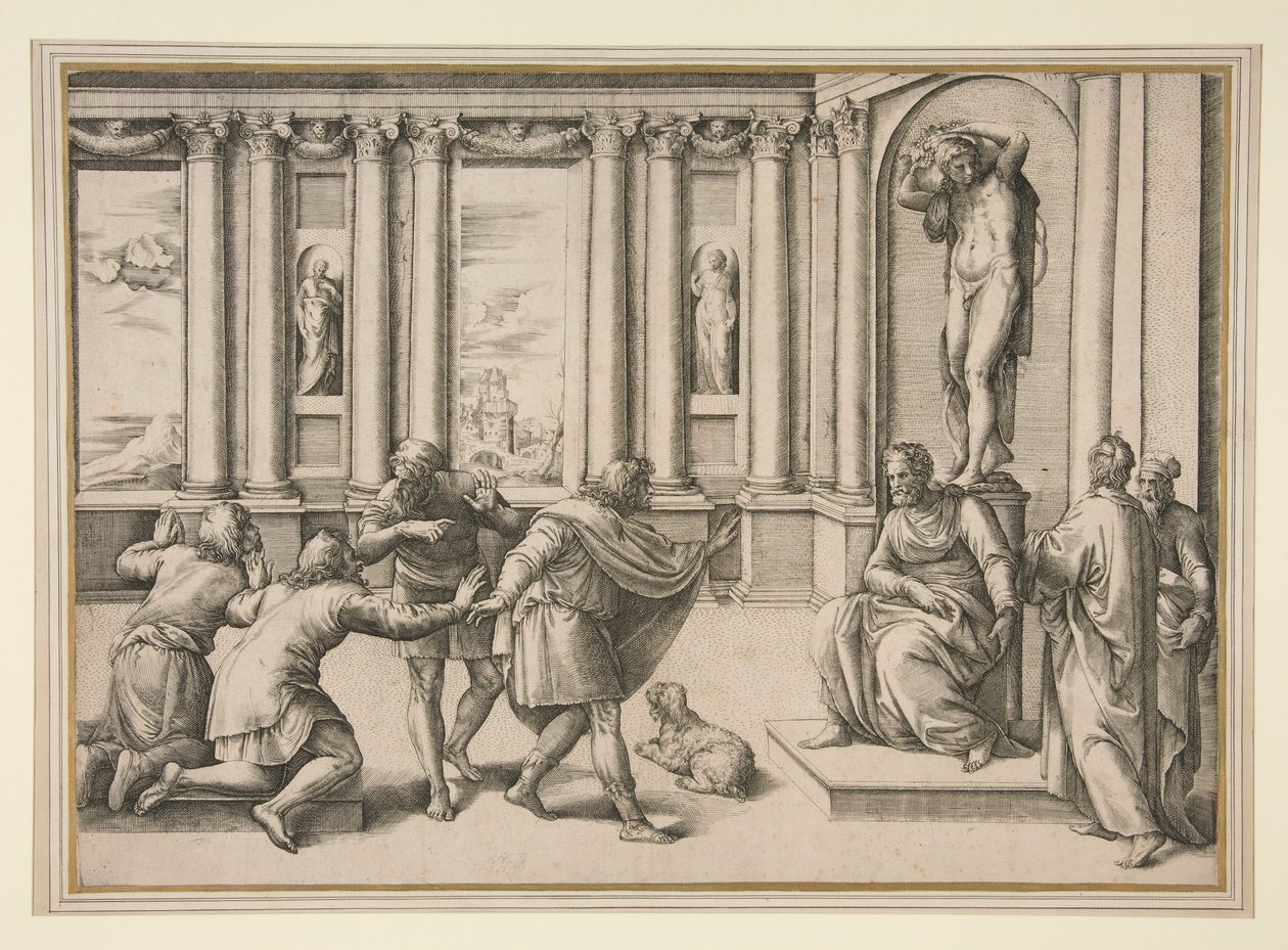 Baküs Heykeli Altında Oturan Adam, Seyirci Karşılıyor by Giovanni Battista Franco (called Il Semolei)