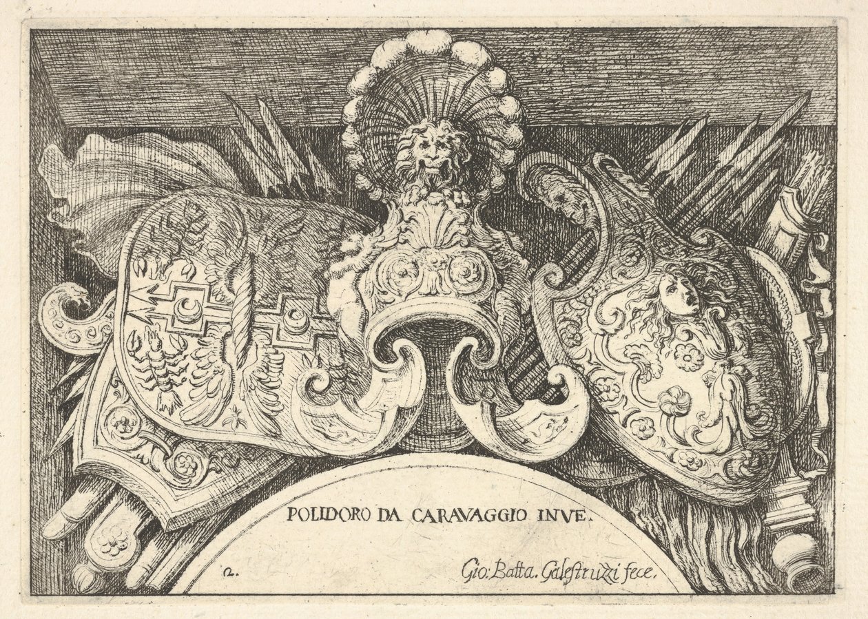 Levha 2: İkinci kattaki pencerelerin üzerindeki süslemelerden Roma arması kupaları ..., 1656-58. by Giovanni Battista Galestruzzi