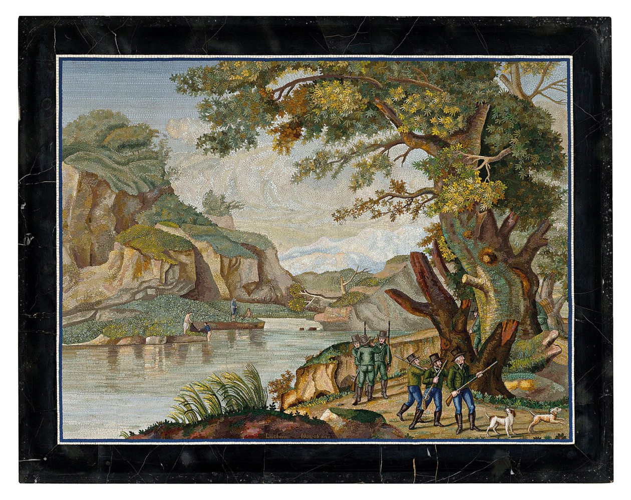 Nehir manzarasında ateş eden bir partinin İtalyan mikromozaik resmi by Giovanni Battista Luchini