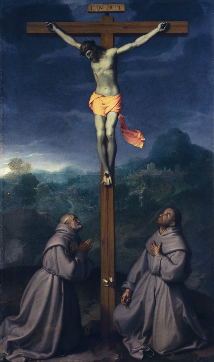 Aziz Bernardino ve Padua'lı Anthony ile Çarmıha Gerilme, Giovanni Battista Moroni (1525 ca- 1578), tuval üzerine yağlı boya, 226x133 cm, San Giuliano Kilisesi, Albino by Giovanni Battista Moroni