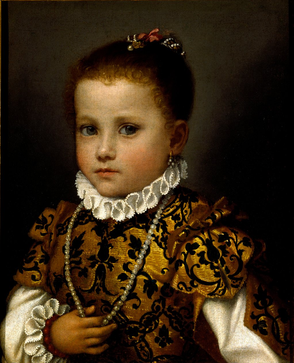 Küçük bir kızın portresi Brokar bir elbise içinde zengin bir şekilde giyinmiş küçük bir kız, inci bir kolye ve çilek yaka takıyor. Giovan Battista Moroni