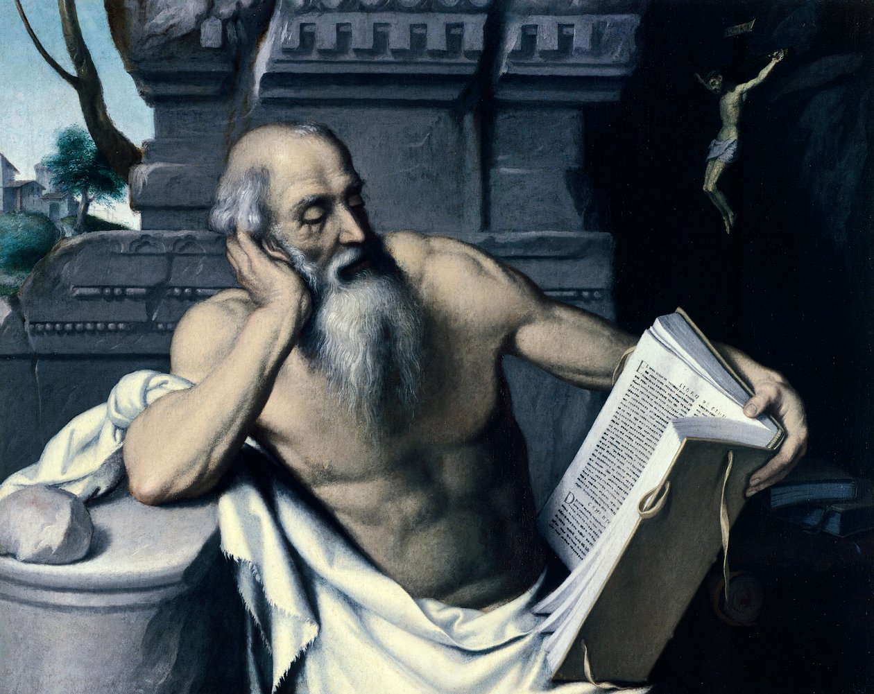 Aziz Jerome meditasyon yapıyor veya okuyor, Giovanni Battista Moroni (yaklaşık 1525-1578), tuval üzerine yağlı boya by Giovanni Battista Moroni