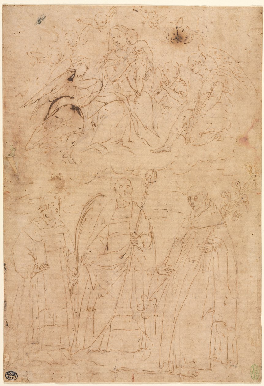 Madonna ve Çocuk, Üç Azizin Üstünde Zafer, c. 1570. by Giovanni Battista Paggi