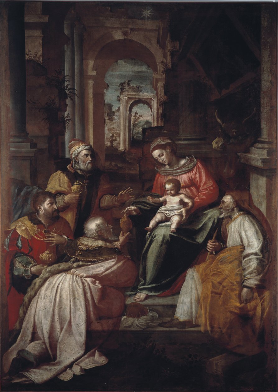 Giovanni Battista Perolli (16. yüzyıl) 1567 Genes, Museo Diocesano tarafından Magi Resminin Hayranlığı by Giovanni Battista Perolli