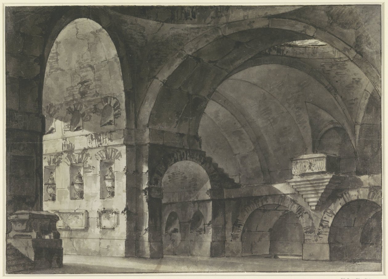 Beşik tonozlu ve kubbeli bir alt yapıya sahip büyük bir antik binanın içi by Giovanni Battista Piranesi (attributed to)