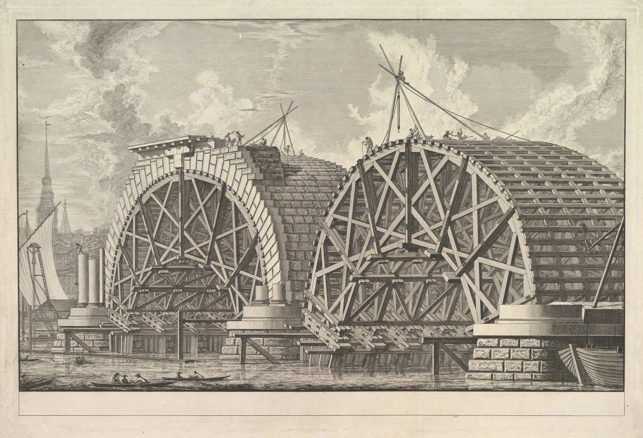 Blackfriars, Londra, yaklaşık olarak planlanan Köprünün bir bölümünün bir görünümü. 1764. by Giovanni Battista Piranesi