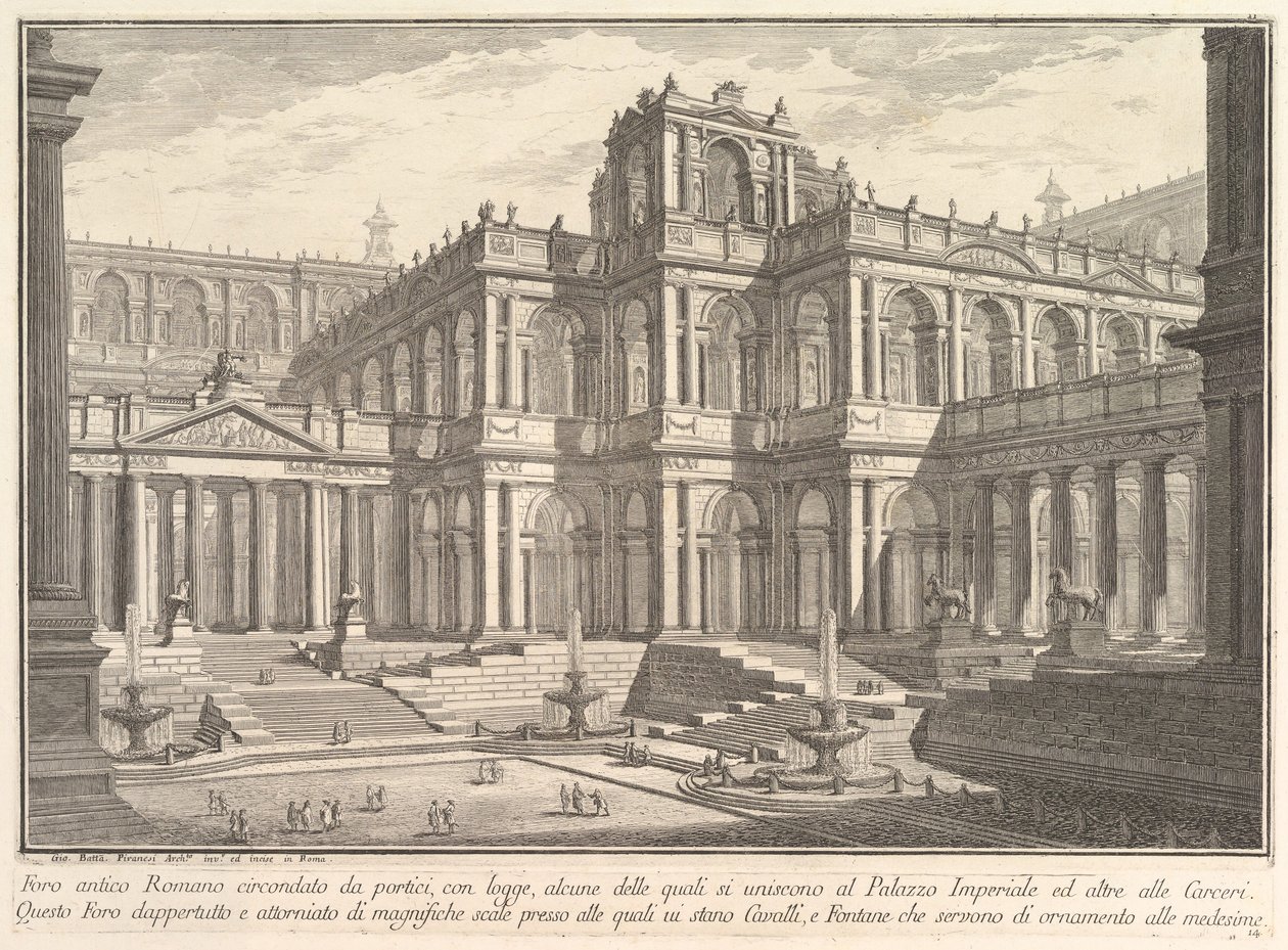Antik Roma forumu portikolarla çevrili, sundurmalarla, bazıları birbirleriyle iletişim kuruyor ..., ca. 1750. by Giovanni Battista Piranesi