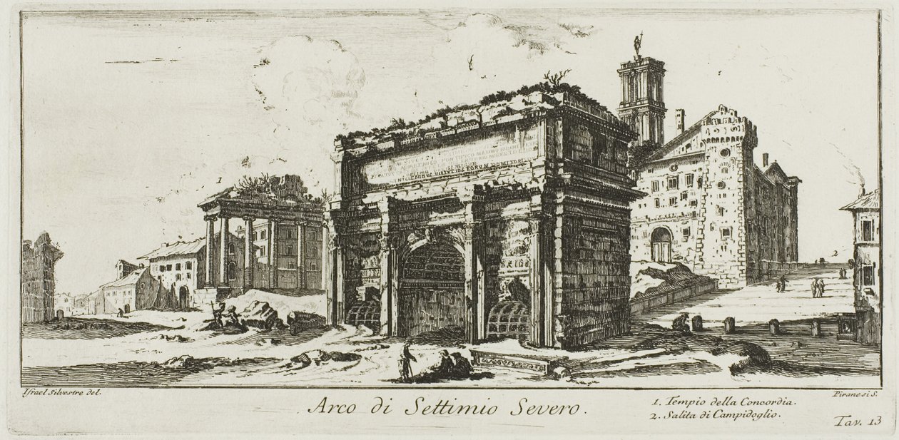 Septimius Severus Kemeri. 1. Concord Tapınağı. 2. Capitoline Tepesine Çıkış, Zafer Kemerleri ve Diğer Anıtların Bazı Görünümlerinden 13. levha by Giovanni Battista Piranesi