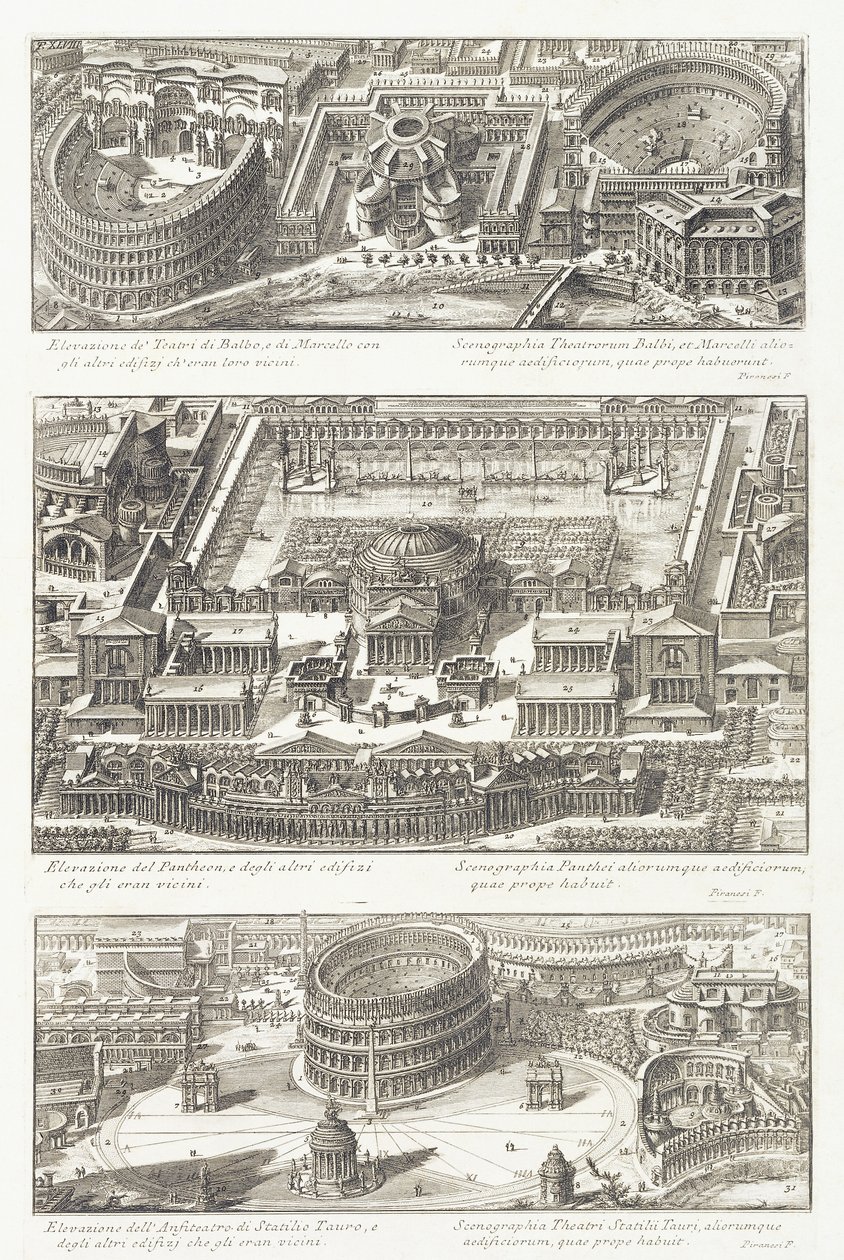 Kuş Bakışı Manzaraları: Balbo ve Marcello Tiyatroları, Pantheon ve Çevresi ve Statilio Tauro Amfitiyatrosu by Giovanni Battista Piranesi