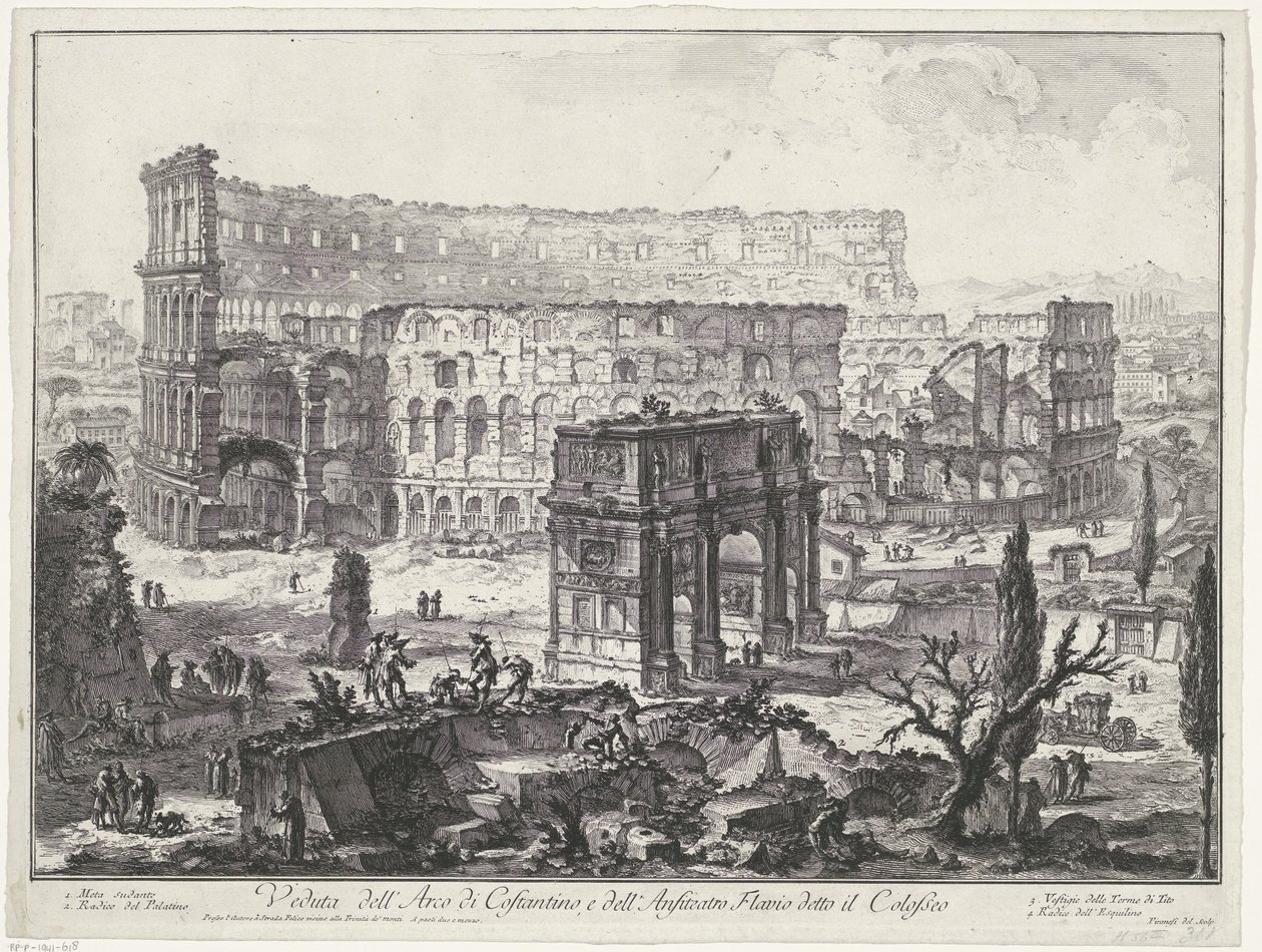 Boog van Constantijn en het Colosseum te Roma Konstantin Kemeri ve Kolezyum olarak bilinen Flavian Amfitiyatrosu