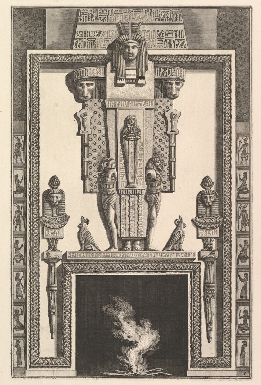 Mısır üslubunda baca: Linte üzerinde büyük bir karyatid üzerine bindirilmiş mumya..., 1769. by Giovanni Battista Piranesi