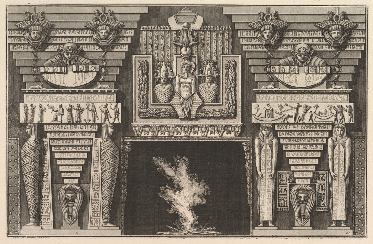 Mısır tarzında şömine: Solda profilde iki mumya ve iki figür..., yakl. 1769. by Giovanni Battista Piranesi