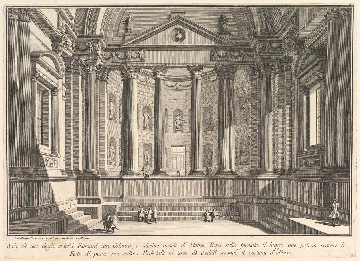 Antik Roma geleneklerine göre sütunlu salon ve nişlerle süslenmiş..., ca. 1750. by Giovanni Battista Piranesi