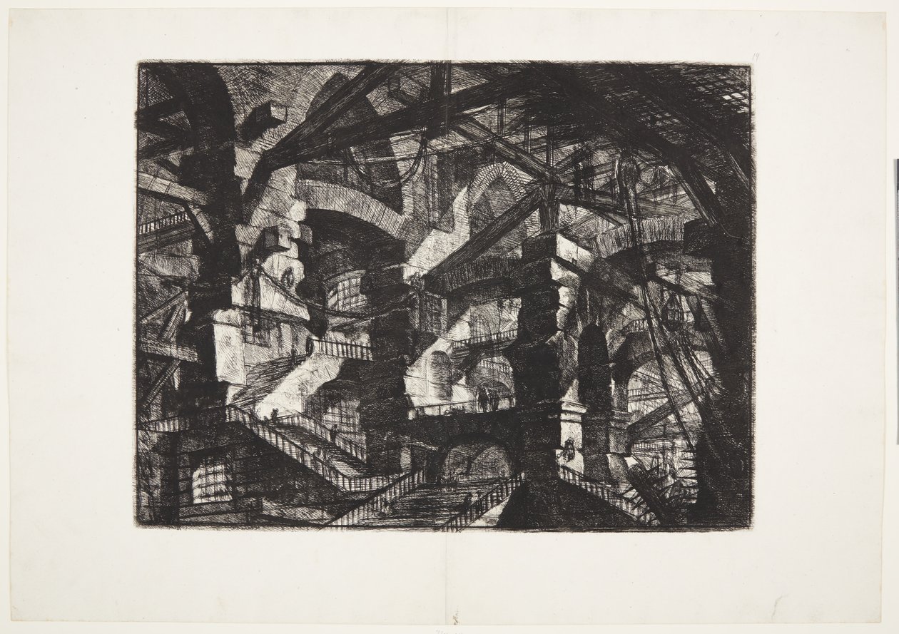 Kirişleri ve halatları destekleyen birbiriyle ilişkili harap kemerlerin karmaşık grupları by Giovanni Battista Piranesi