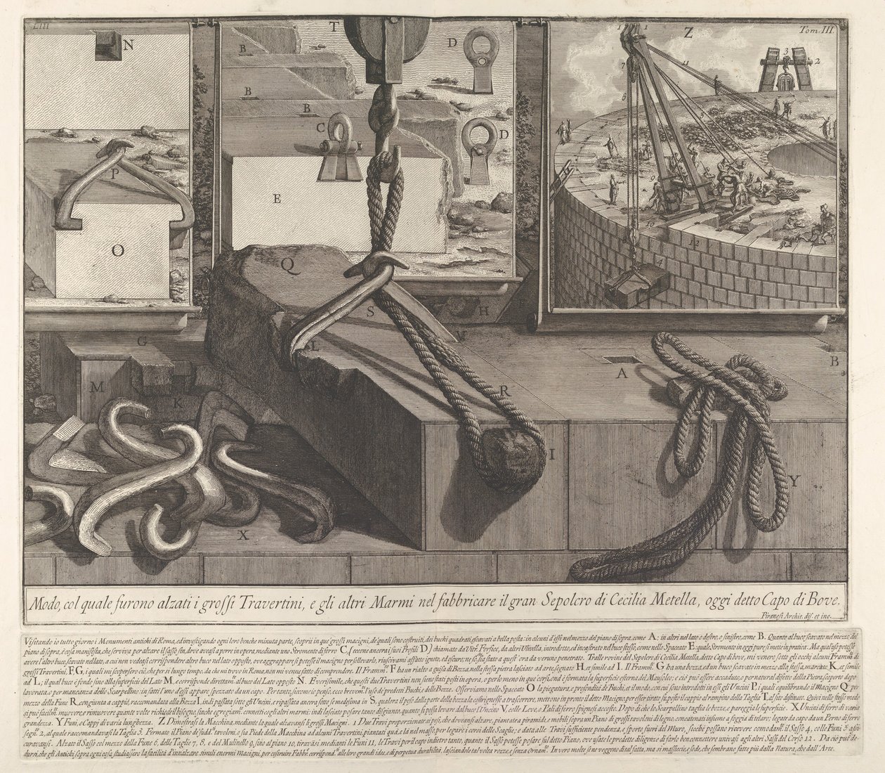 Konstrüksiyon için traverten ve mermer blokları yükseltme tekniğini gösteren gösteri panosu, 1756. by Giovanni Battista Piranesi