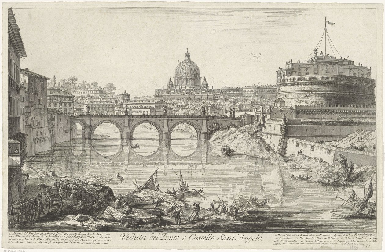 Engelenbrug tr Engelenburcht te Roma Ponte ve Castello Sant'Angelo'nun Görünümü (nesne üzerindeki başlık) Gezichten op Rome (dizi başlığı) Giambattista Piranesi mimarı Ve (nez) iano (seri başlığı) tarafından tasarlanan ve oyulan Roma manzaraları by Giovanni Battista Piranesi