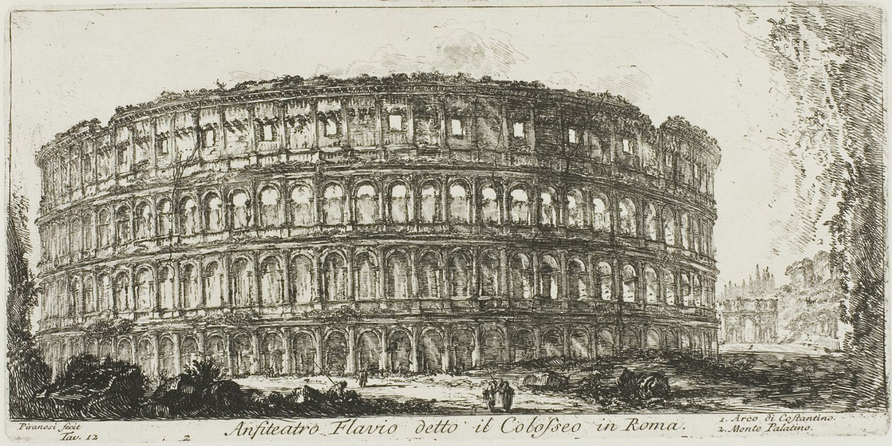 Kolezyum denilen Flavian amfitiyatrosu. 1. Konstantin Kemeri. 2. Palatine Tepesi, Zafer Kemerleri ve Diğer Anıtların Bazı Görünümlerinden 12. levha by Giovanni Battista Piranesi