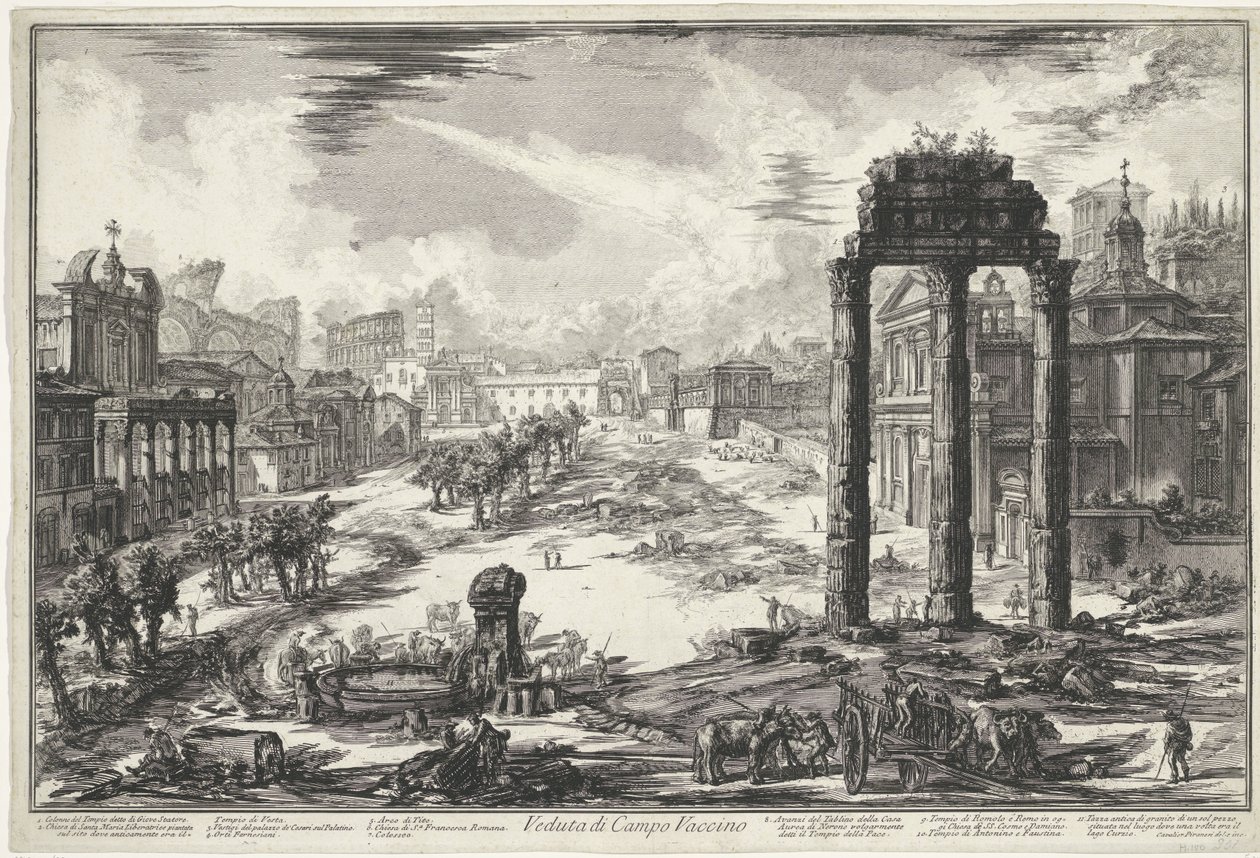 Forum Romanum te Rome Campo Vaccino'nun görünümü (nesne üzerindeki başlık) Gezichten op Rome (dizi başlığı) Giambattista Piranesi mimarı Ve (nez) iano (seri başlığı) tarafından tasarlanan ve oyulan Roma'dan görüntüler by Giovanni Battista Piranesi