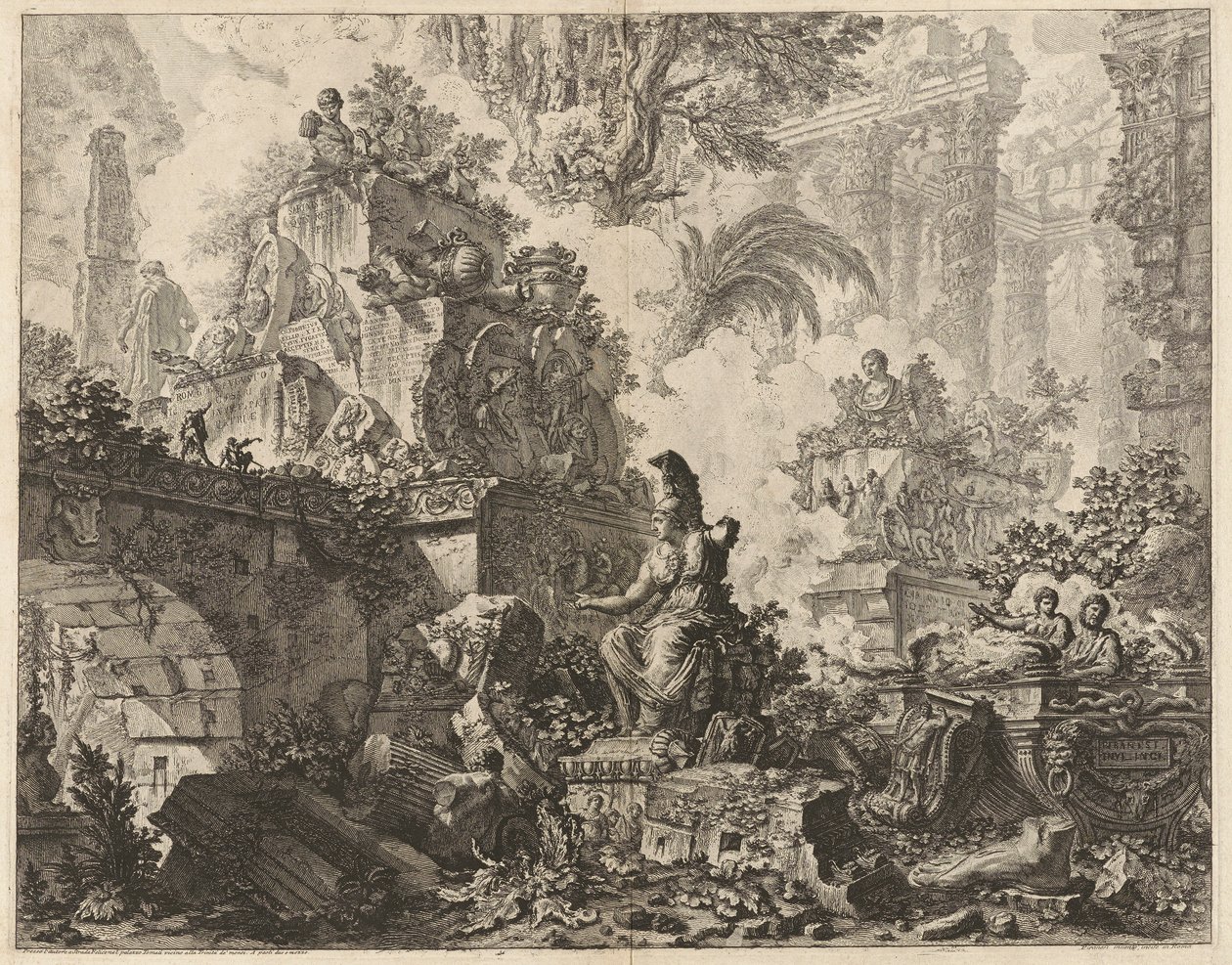 Frontispiece, Merkez Ön Planda Minerva Heykeli ile Harabeler Fantazisi, Vedute di Roma